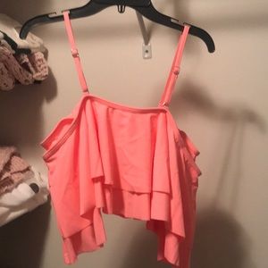 New. Off the shoulder ruffle swim top/high bottoms